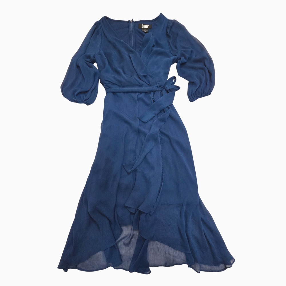 DKNY Womens Blue Chiffon High-Low Wrap Dress V-Neck 3/4 Puff Sleeve Size 2